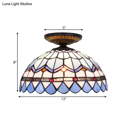 DecorBites™ DecorBites™ Tiffany Hand Rolled Art Glass Floral Flush Mount Light with Yellow/Blue Shade, 12"/16" W