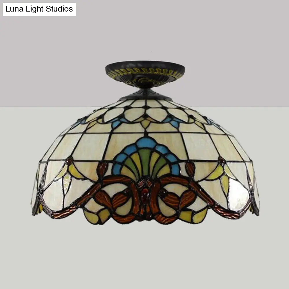 DecorBites™ DecorBites™ Tiffany Hand Rolled Art Glass Floral Flush Mount Light with Yellow/Blue Shade, 12"/16" W