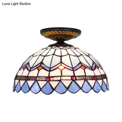 DecorBites™ DecorBites™ Tiffany Hand Rolled Art Glass Floral Flush Mount Light with Yellow/Blue Shade, 12"/16" W