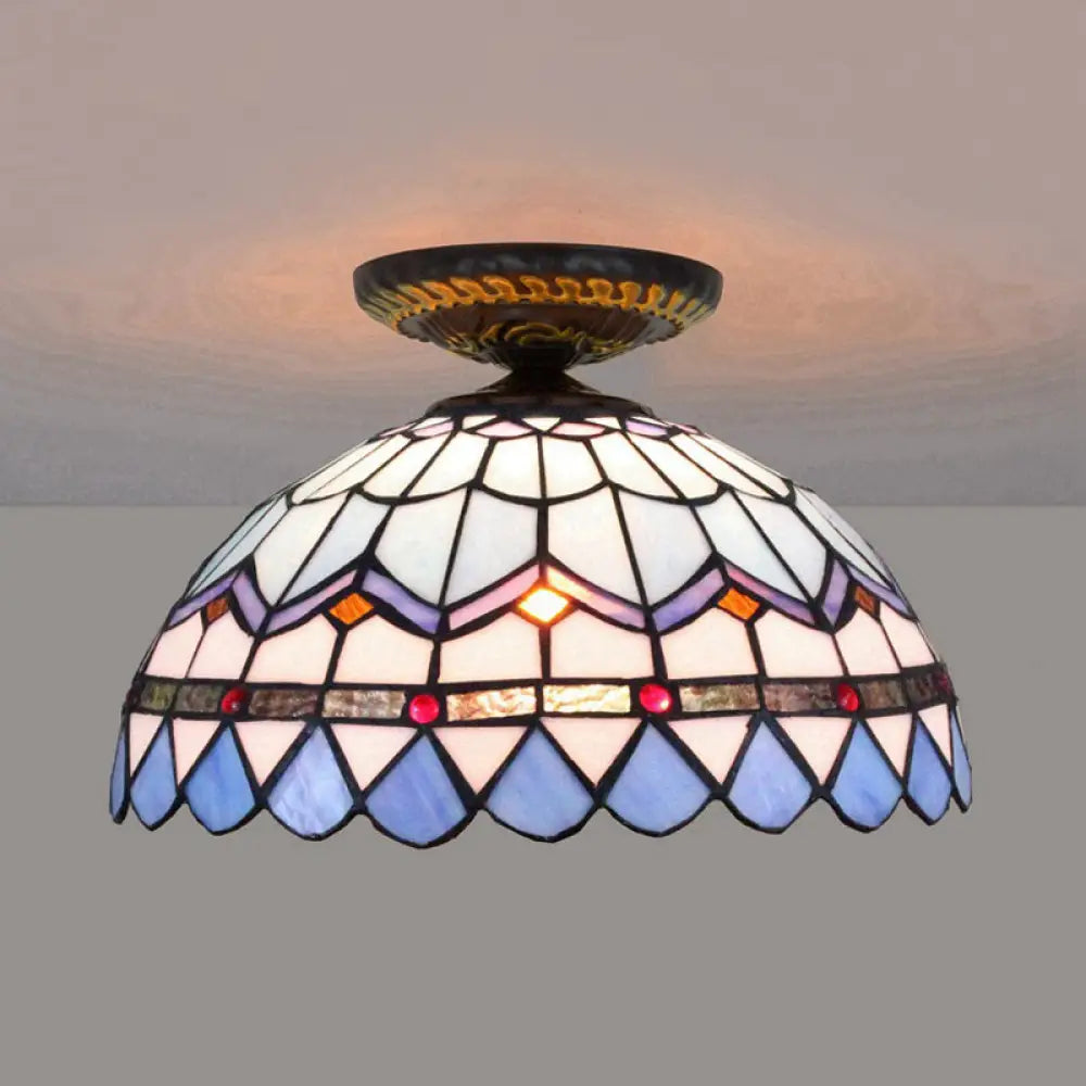 DecorBites™ DecorBites™ Tiffany Hand Rolled Art Glass Floral Flush Mount Light with Yellow/Blue Shade, 12"/16" W