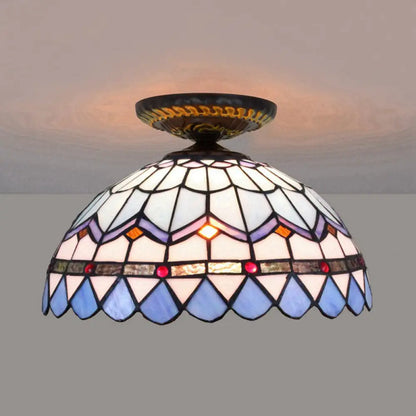 DecorBites™ DecorBites™ Tiffany Hand Rolled Art Glass Floral Flush Mount Light with Yellow/Blue Shade, 12"/16" W