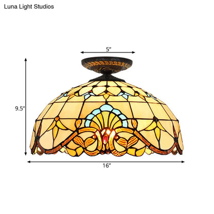 DecorBites™ DecorBites™ Tiffany Hand Rolled Art Glass Floral Flush Mount Light with Yellow/Blue Shade, 12"/16" W