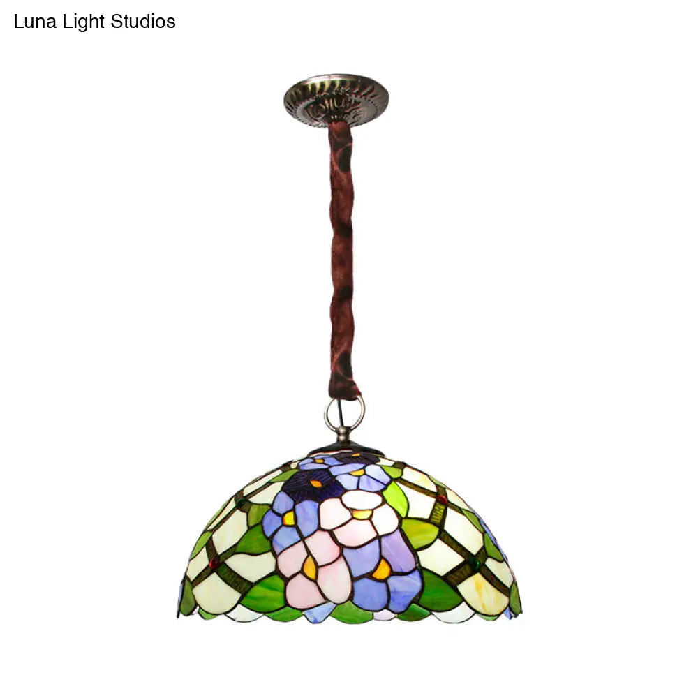 Tiffany Handcrafted Stained Glass Bronze Ceiling Chandelier - Domed Suspension Pendant with 3 Flower Patterned Heads