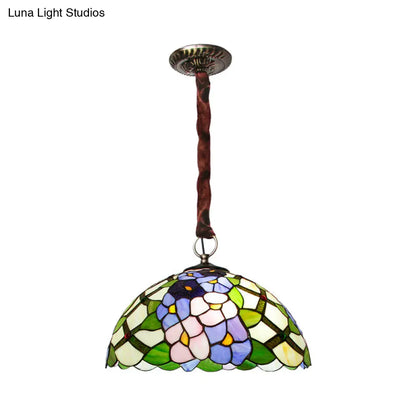 Tiffany Handcrafted Stained Glass Bronze Ceiling Chandelier - Domed Suspension Pendant with 3 Flower Patterned Heads