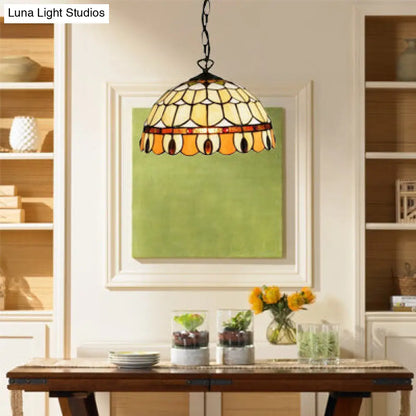 Tiffany Jeweled Pendant Lamp: Circle/Gem Pattern, Stained Glass Shade, Chain Included, Ideal for Dining Rooms