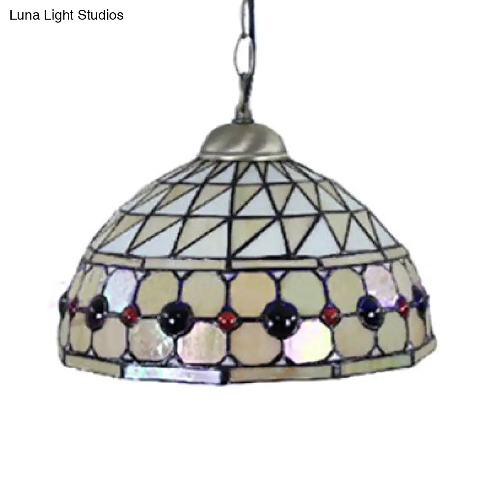 Tiffany Jeweled Pendant Lamp: Circle/Gem Pattern, Stained Glass Shade, Chain Included, Ideal for Dining Rooms