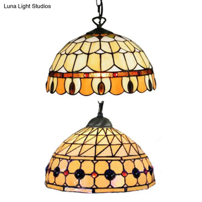 Tiffany Jeweled Pendant Lamp: Circle/Gem Pattern, Stained Glass Shade, Chain Included, Ideal for Dining Rooms