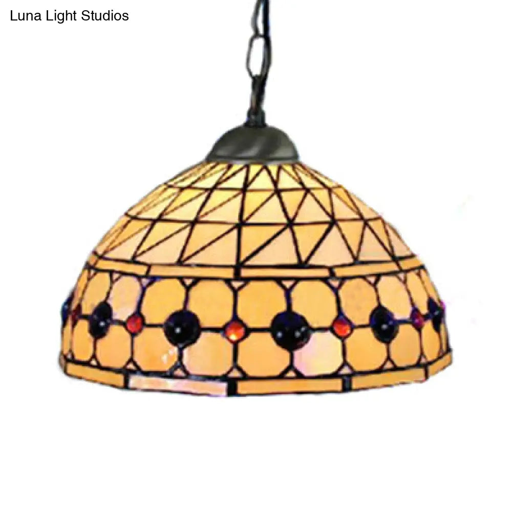 Tiffany Jeweled Pendant Lamp: Circle/Gem Pattern, Stained Glass Shade, Chain Included, Ideal for Dining Rooms