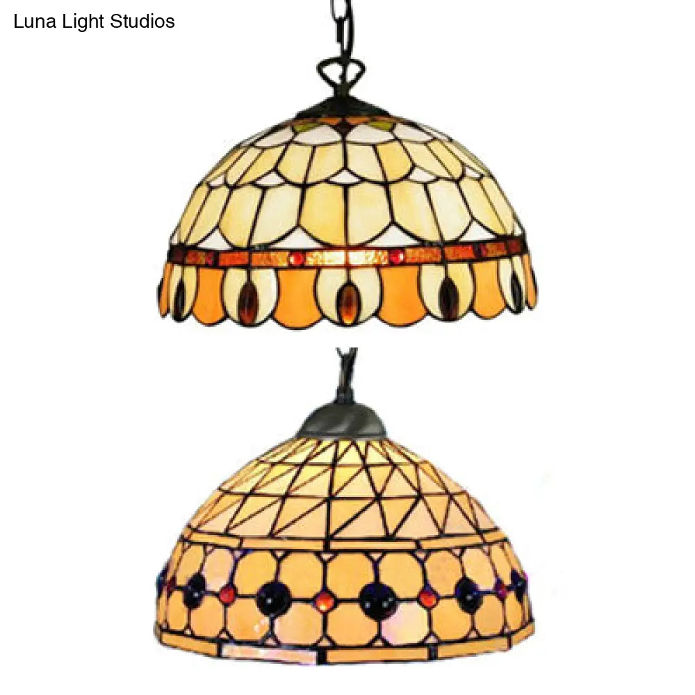 Tiffany Jeweled Pendant Lamp: Circle/Gem Pattern, Stained Glass Shade, Chain Included, Ideal for Dining Rooms