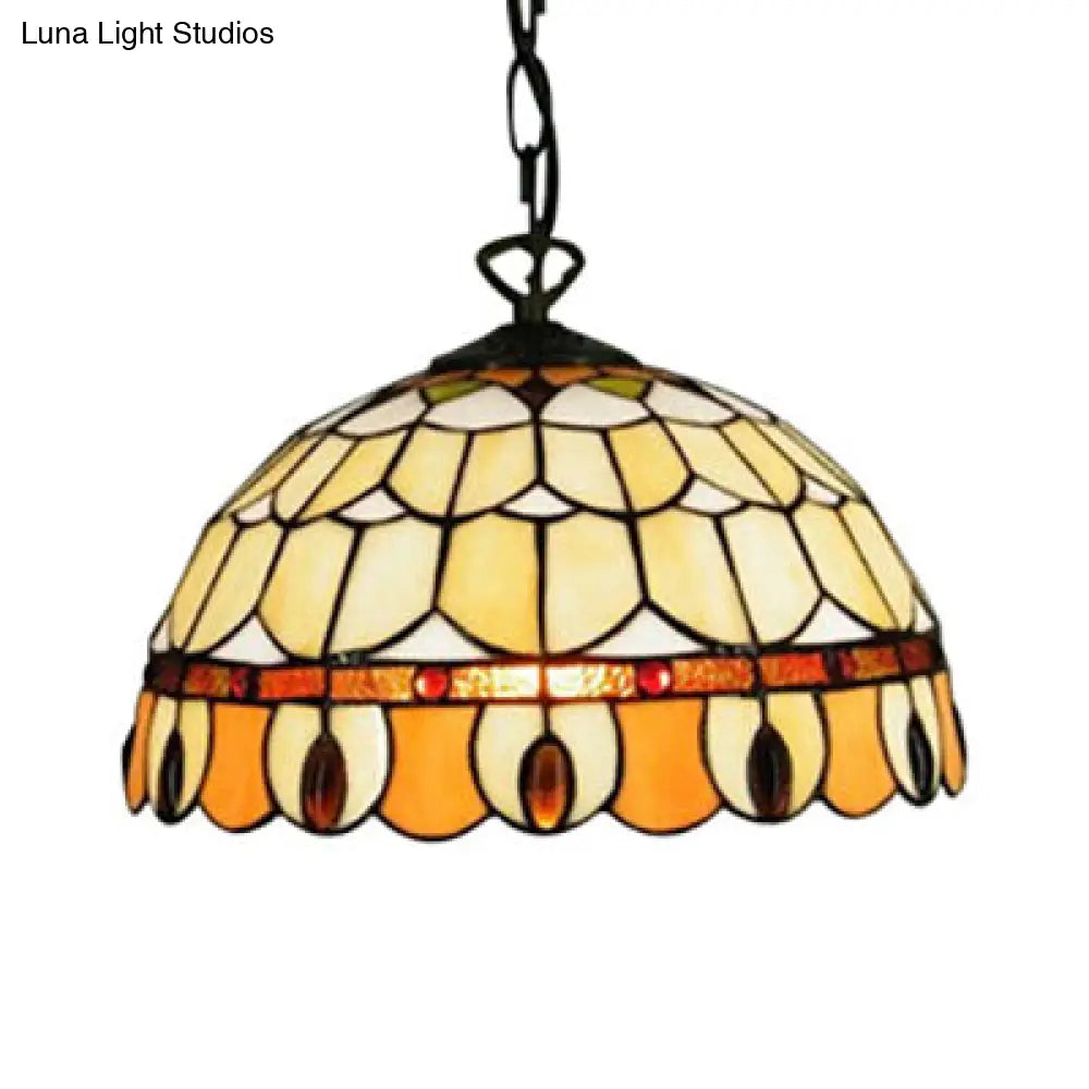 Tiffany Jeweled Pendant Lamp: Circle/Gem Pattern, Stained Glass Shade, Chain Included, Ideal for Dining Rooms