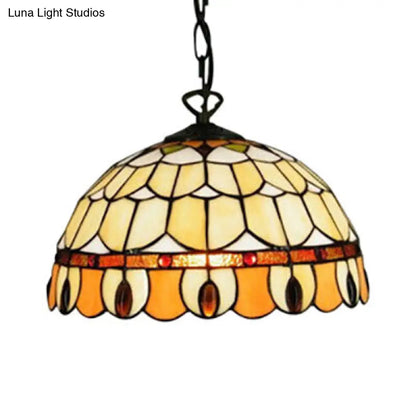 Tiffany Jeweled Pendant Lamp: Circle/Gem Pattern, Stained Glass Shade, Chain Included, Ideal for Dining Rooms