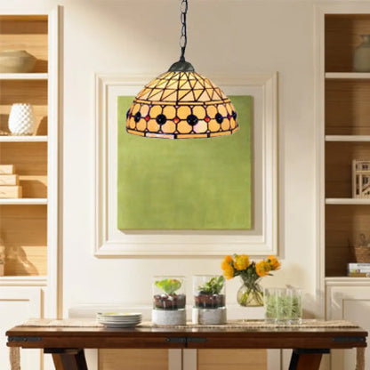 Tiffany Jeweled Pendant Lamp: Circle/Gem Pattern, Stained Glass Shade, Chain Included, Ideal for Dining Rooms