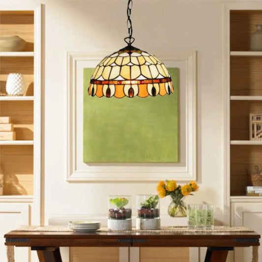 Tiffany Jeweled Pendant Lamp: Circle/Gem Pattern, Stained Glass Shade, Chain Included, Ideal for Dining Rooms