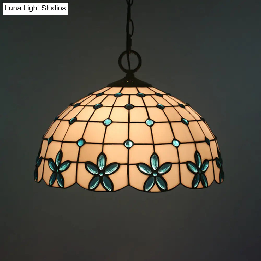 Tiffany Lattice Bowl White Glass Jeweled Flower Pendant Light Kit for Dining Room