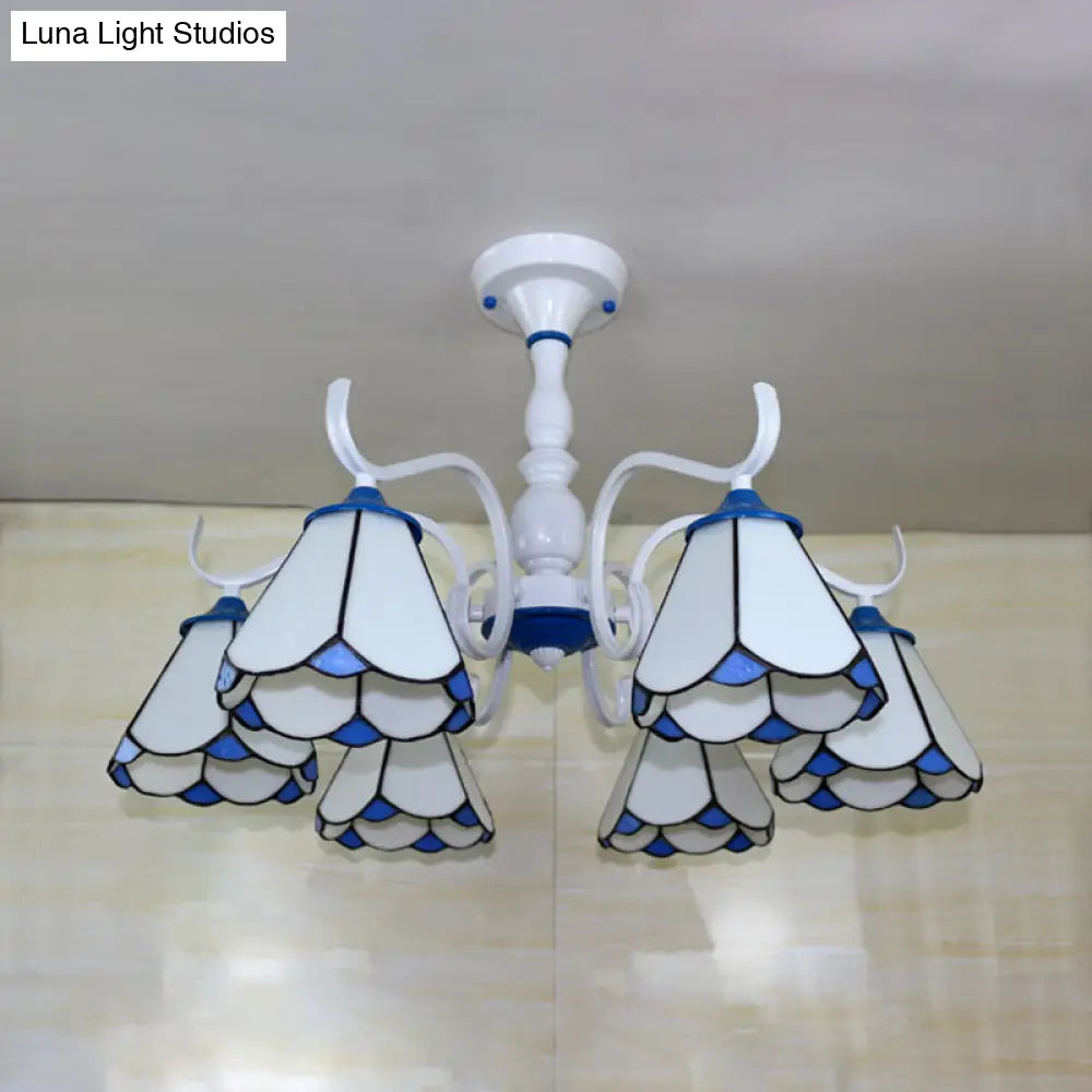 DecorBites™ DecorBites™ Tiffany Lodge Ceiling Light: Conical Semi Flush with Stained Glass in White/Blue (6 Lights)