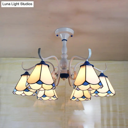 DecorBites™ DecorBites™ Tiffany Lodge Ceiling Light: Conical Semi Flush with Stained Glass in White/Blue (6 Lights)