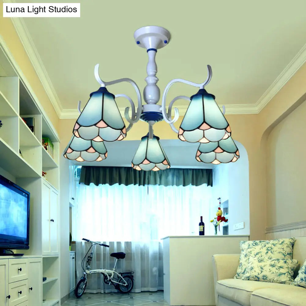 DecorBites™ DecorBites™ Tiffany Lodge Ceiling Light: Conical Semi Flush with Stained Glass in White/Blue (6 Lights)