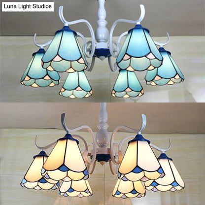DecorBites™ DecorBites™ Tiffany Lodge Ceiling Light: Conical Semi Flush with Stained Glass in White/Blue (6 Lights)