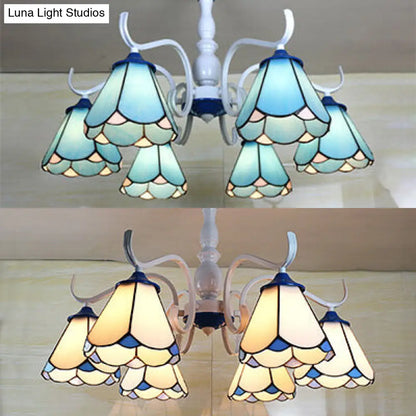DecorBites™ DecorBites™ Tiffany Lodge Ceiling Light: Conical Semi Flush with Stained Glass in White/Blue (6 Lights)