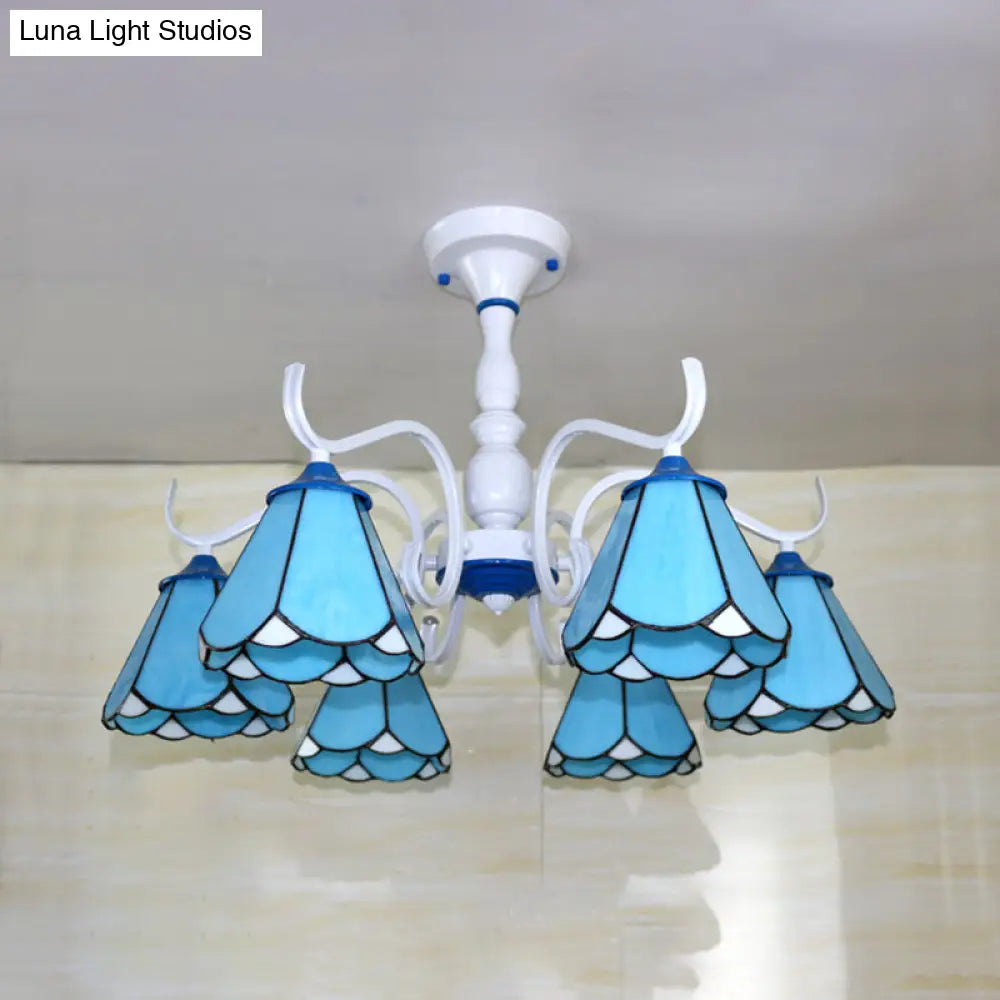 DecorBites™ DecorBites™ Tiffany Lodge Ceiling Light: Conical Semi Flush with Stained Glass in White/Blue (6 Lights)