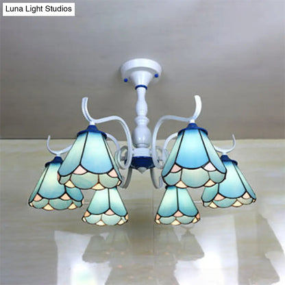 DecorBites™ DecorBites™ Tiffany Lodge Ceiling Light: Conical Semi Flush with Stained Glass in White/Blue (6 Lights)