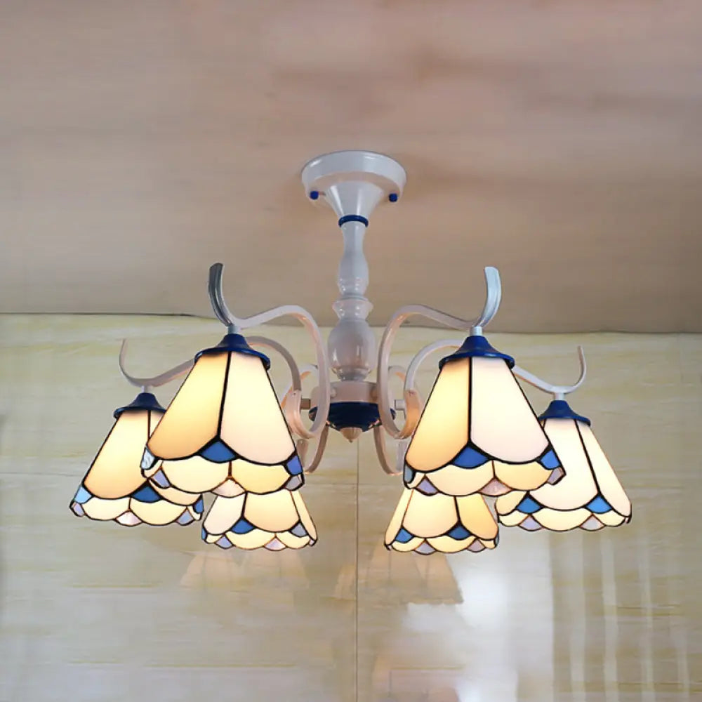 DecorBites™ DecorBites™ Tiffany Lodge Ceiling Light: Conical Semi Flush with Stained Glass in White/Blue (6 Lights)