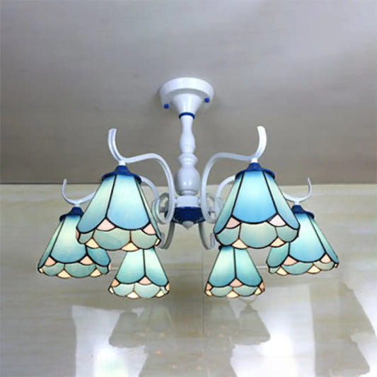 DecorBites™ DecorBites™ Tiffany Lodge Ceiling Light: Conical Semi Flush with Stained Glass in White/Blue (6 Lights)