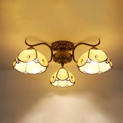 DecorBites™ DecorBites™ Tiffany Lodge Style Scalloped Semi Flush Ceiling Light with Stained Glass – 3 Lights Beige/Clear