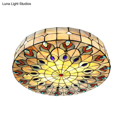 DecorBites™ DecorBites™ Tiffany Peacock Pattern Drum Flushmount Ceiling Lights, 4-Light Bedroom Lighting with Art Glass Shade