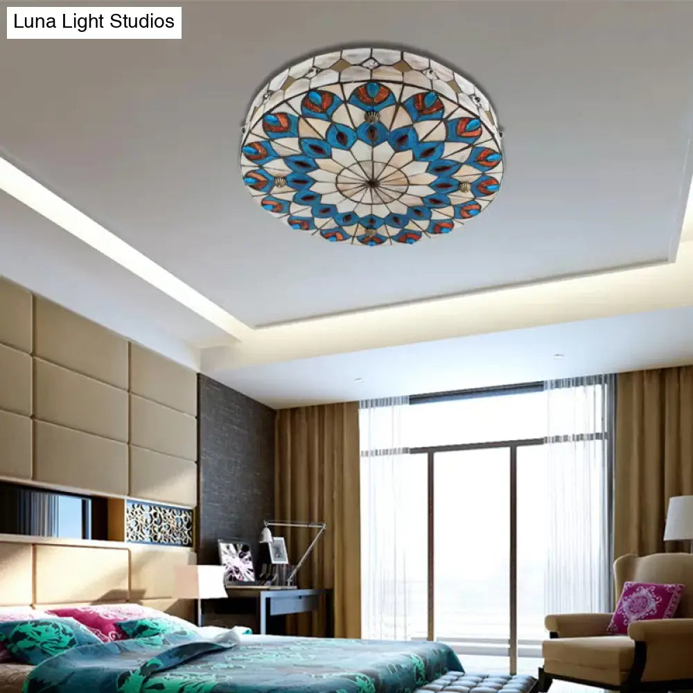 DecorBites™ DecorBites™ Tiffany Peacock Pattern Drum Flushmount Ceiling Lights, 4-Light Bedroom Lighting with Art Glass Shade