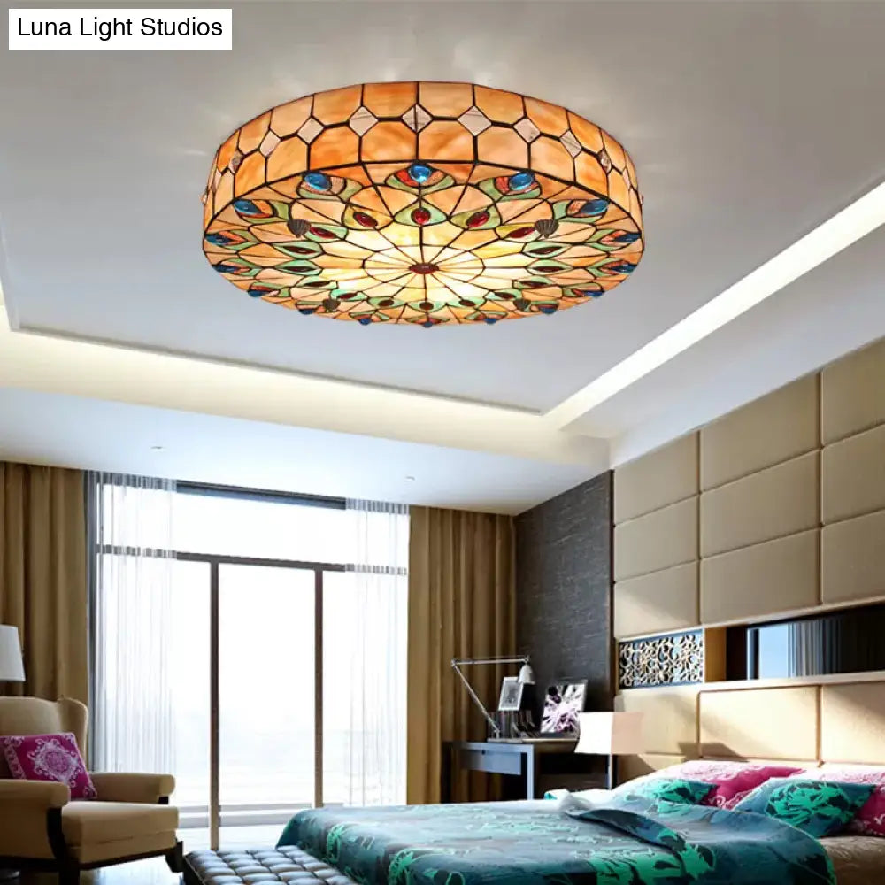 DecorBites™ DecorBites™ Tiffany Peacock Pattern Drum Flushmount Ceiling Lights, 4-Light Bedroom Lighting with Art Glass Shade
