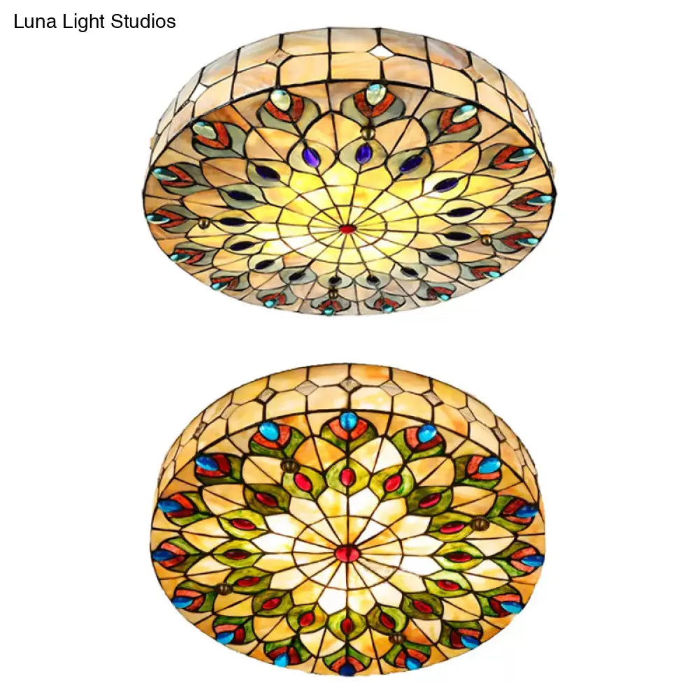 DecorBites™ DecorBites™ Tiffany Peacock Pattern Drum Flushmount Ceiling Lights, 4-Light Bedroom Lighting with Art Glass Shade