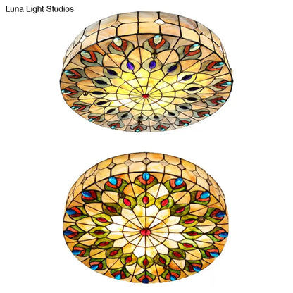 DecorBites™ DecorBites™ Tiffany Peacock Pattern Drum Flushmount Ceiling Lights, 4-Light Bedroom Lighting with Art Glass Shade