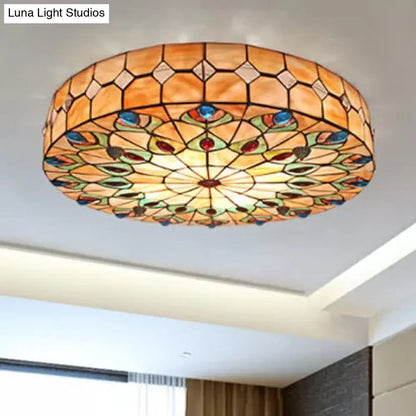 DecorBites™ DecorBites™ Tiffany Peacock Pattern Drum Flushmount Ceiling Lights, 4-Light Bedroom Lighting with Art Glass Shade