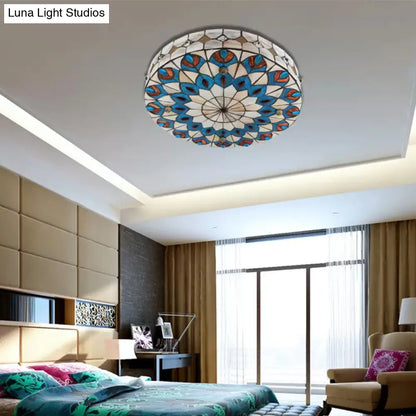 DecorBites™ DecorBites™ Tiffany Peacock Pattern Drum Flushmount Ceiling Lights, 4-Light Bedroom Lighting with Art Glass Shade