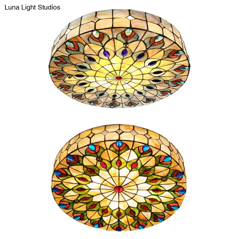 DecorBites™ DecorBites™ Tiffany Peacock Pattern Drum Flushmount Ceiling Lights, 4-Light Bedroom Lighting with Art Glass Shade