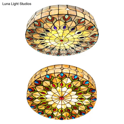 DecorBites™ DecorBites™ Tiffany Peacock Pattern Drum Flushmount Ceiling Lights, 4-Light Bedroom Lighting with Art Glass Shade