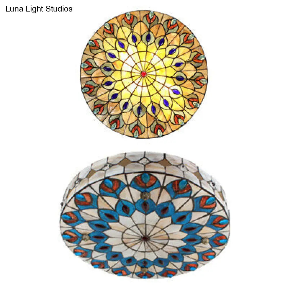 DecorBites™ DecorBites™ Tiffany Peacock Pattern Drum Flushmount Ceiling Lights, 4-Light Bedroom Lighting with Art Glass Shade