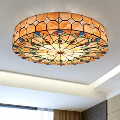 DecorBites™ DecorBites™ Tiffany Peacock Pattern Drum Flushmount Ceiling Lights, 4-Light Bedroom Lighting with Art Glass Shade