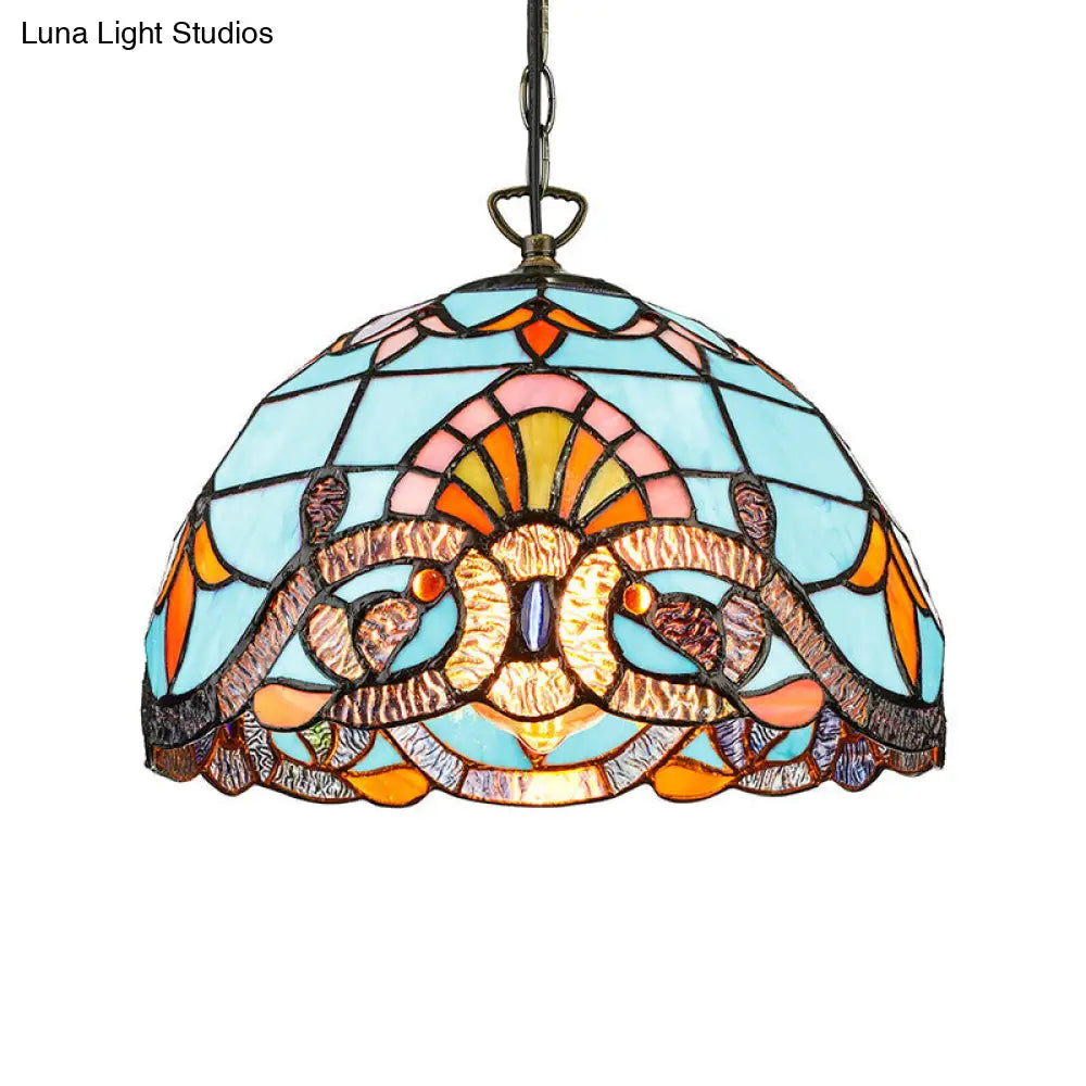 Tiffany Pendant Lighting for Kitchen Island - Sky Blue/Dark Blue Stained Glass Floral Ceiling Fixture + Metal Hanging Chain