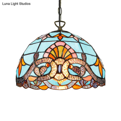 Tiffany Pendant Lighting for Kitchen Island - Sky Blue/Dark Blue Stained Glass Floral Ceiling Fixture + Metal Hanging Chain