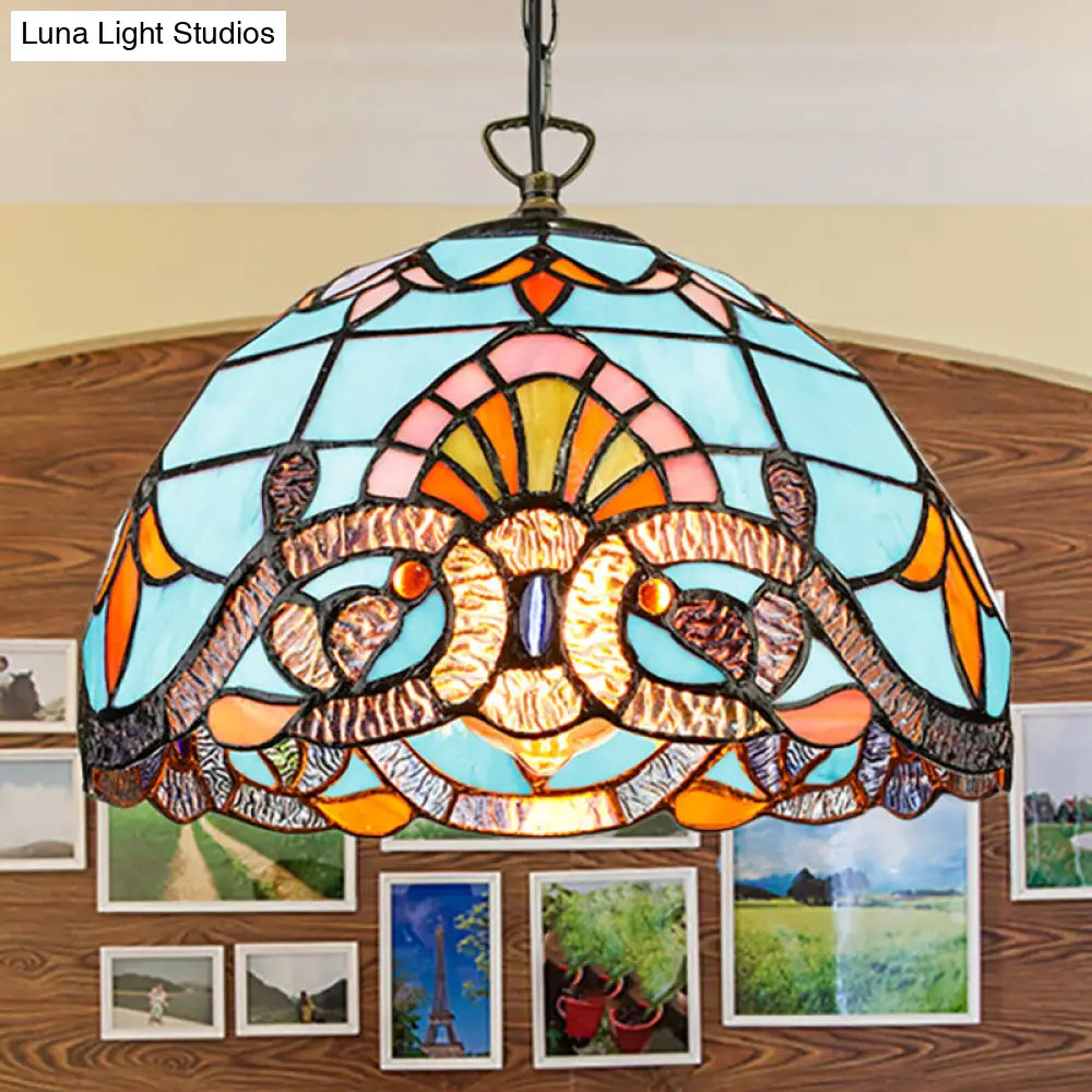 Tiffany Pendant Lighting for Kitchen Island - Sky Blue/Dark Blue Stained Glass Floral Ceiling Fixture + Metal Hanging Chain