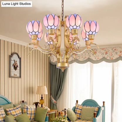 Tiffany Pink Glass Blossom Chandelier - 3/5/6 Lights for Living Room - Brass Hanging Lamp Kit