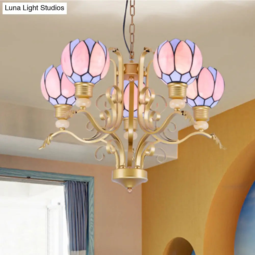 Tiffany Pink Glass Blossom Chandelier - 3/5/6 Lights for Living Room - Brass Hanging Lamp Kit