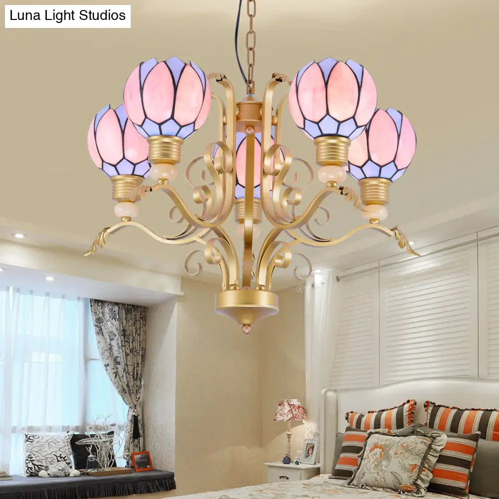 Tiffany Pink Glass Blossom Chandelier - 3/5/6 Lights for Living Room - Brass Hanging Lamp Kit