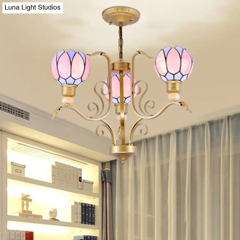 Tiffany Pink Glass Blossom Chandelier - 3/5/6 Lights for Living Room - Brass Hanging Lamp Kit