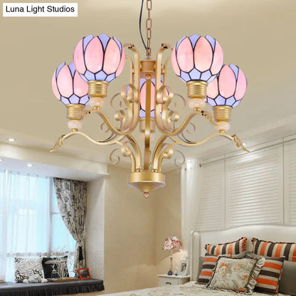 Tiffany Pink Glass Blossom Chandelier - 3/5/6 Lights for Living Room - Brass Hanging Lamp Kit