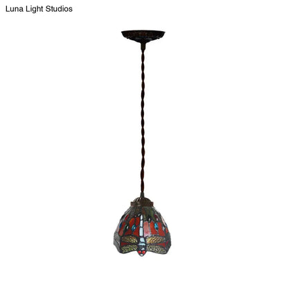 Tiffany Red Dragonfly Pendant Lamp with Stained Glass Shade for Dining Room - Single Bulb Kit