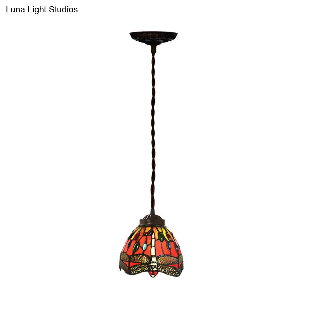 Tiffany Red Dragonfly Pendant Lamp with Stained Glass Shade for Dining Room - Single Bulb Kit