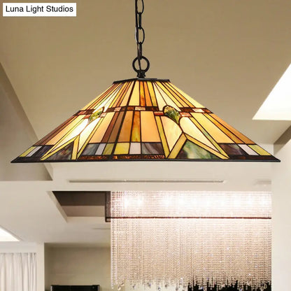 Tiffany Rhombus/Shell Ceiling Lamp - Brown Stained Art Glass Pendant Light for Dining Room